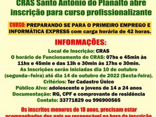 CRAS Santo Antônio do Planalto abre inscrição para curso profissionalizante